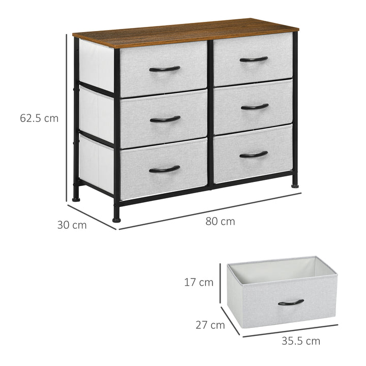 HOMCOM Bedroom Chest of Drawers, Industrial Dresser with 6 Fabric Bins, Steel Frame & Wooden Top, Grey | Aosom UK