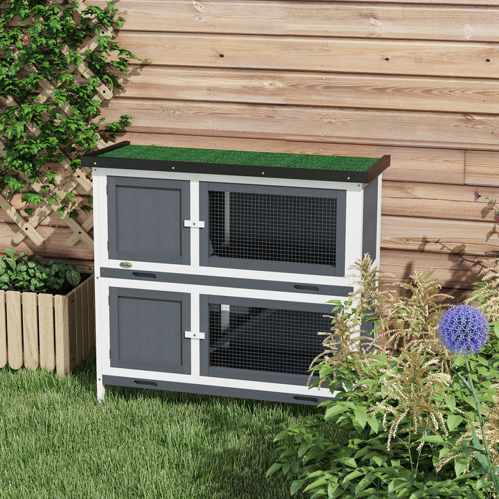 Double Decker Rabbit Hutch 2 Tier Guinea Pig House Pet Cage Outdoor with Sliding-out Tray, 100 x 47 x 91cm, Grey