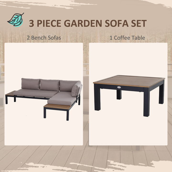 3 Pieces Garden Furniture Set, Aluminium 4 Seater Corner Sofa Set with 2 Loveseats, Coffee Table and Side Trays, Outdoor Conversation Furniture with Cushions for Garden, Black