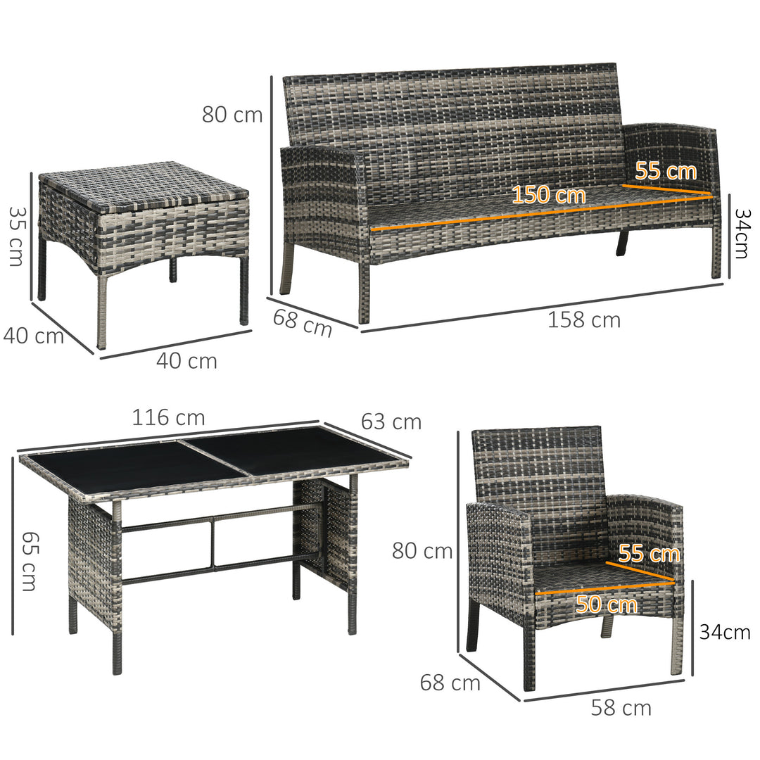 5 Seater Rattan Garden Furniture Set, 2 Armchairs, 3-Seater Wicker Sofa, 2 Footstools and Glass Table, 6 Piece Patio Rattan furniture Sofa Sets with Cushions for Conservatory, Mixed Grey
