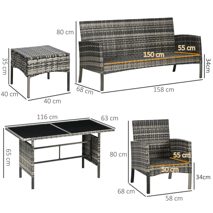 5 Seater Rattan Garden Furniture Set, 2 Armchairs, 3-Seater Wicker Sofa, 2 Footstools and Glass Table, 6 Piece Patio Rattan furniture Sofa Sets with Cushions for Conservatory, Mixed Grey
