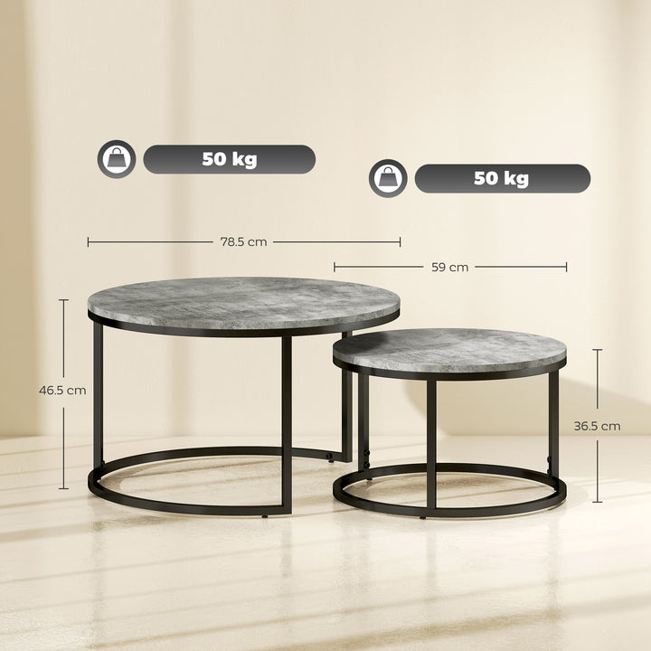 Set of Two Marble-Effect Stacking Tables - Grey/Black