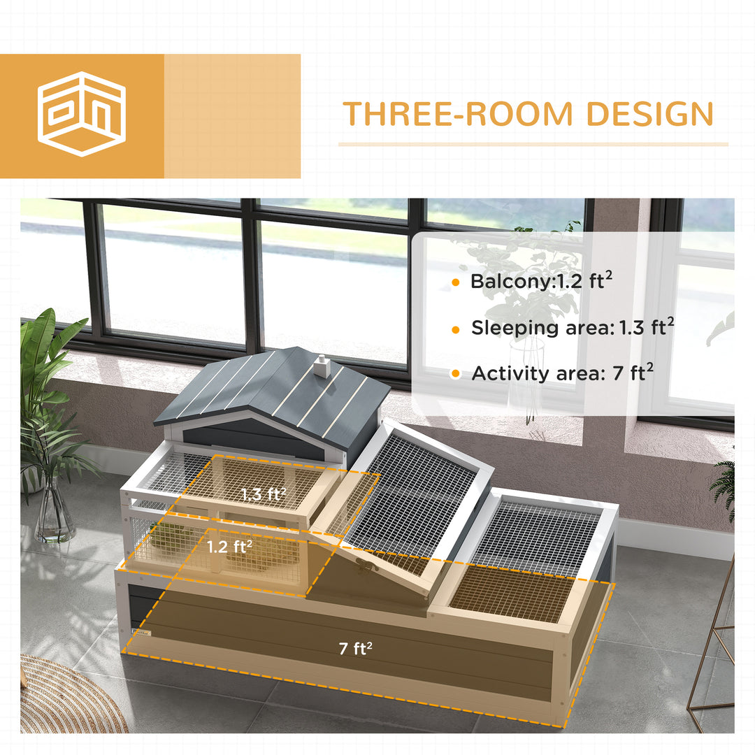 Tortoise House 3-Room with 2 Stories, Ladder, Balcony, Tray, Openable Roof, 59H x 112L x 65Wcm, Grey