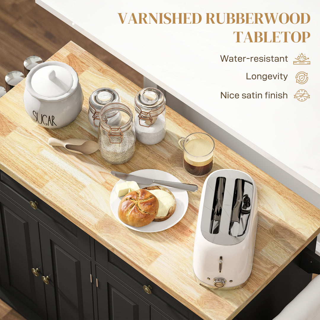 MCL Rolling Kitchen Island Storage Trolley with Rubber Wood Top & Drawers for Dining Room, Black