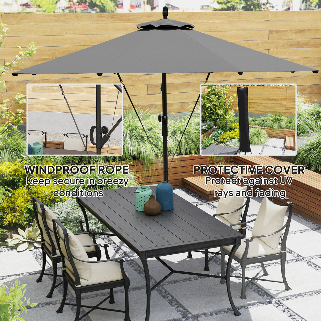 3(m) Garden Cantilever Parasol with Cover and Wind Protection Strap, Round Overhanging Umbrella with Crank Handle and Tilt, Banana Patio Umbrella for Outdoor Sun Shade, UPF50+, Grey