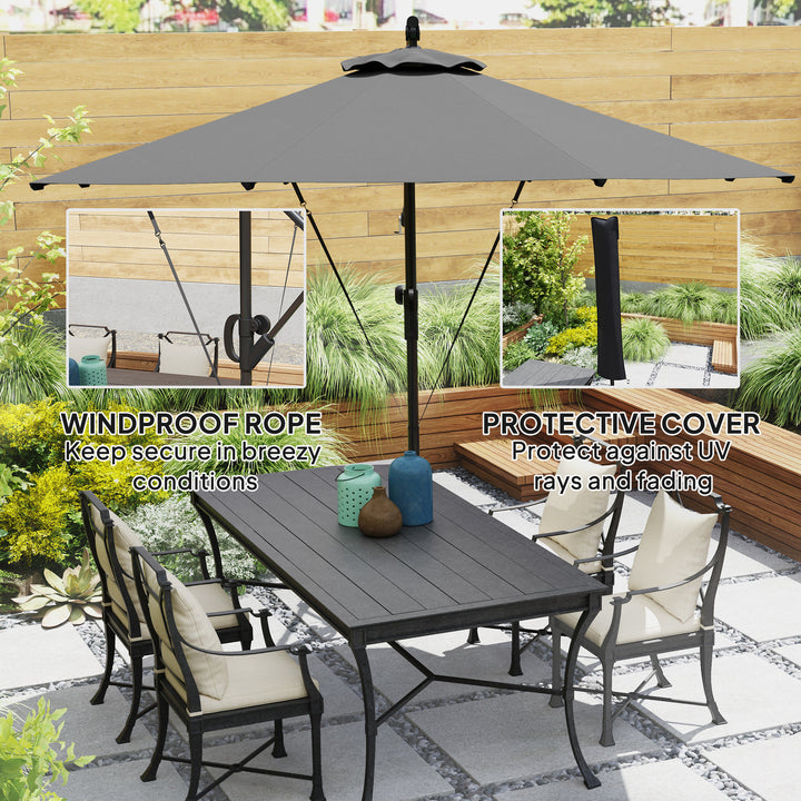 3(m) Garden Cantilever Parasol with Cover and Wind Protection Strap, Round Overhanging Umbrella with Crank Handle and Tilt, Banana Patio Umbrella for Outdoor Sun Shade, UPF50+, Grey