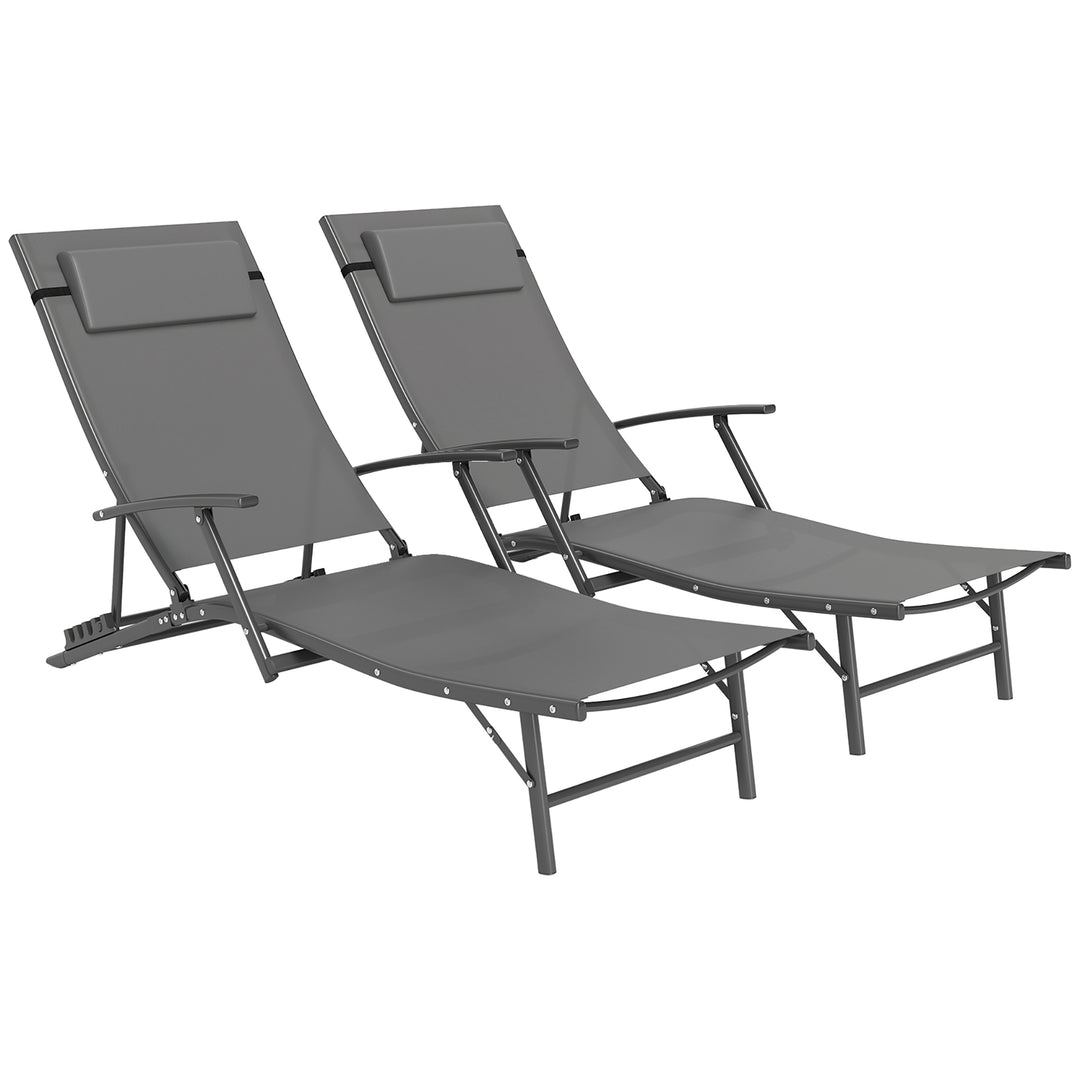 Set of Two Adjustable Back Sun Loungers - Grey
