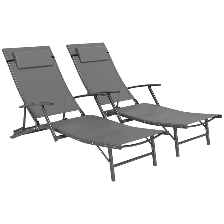 Set of Two Adjustable Back Sun Loungers - Grey