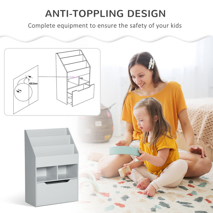 Kids Bookshelf, Toy Organiser, with Storage Drawer, Wheels - Grey