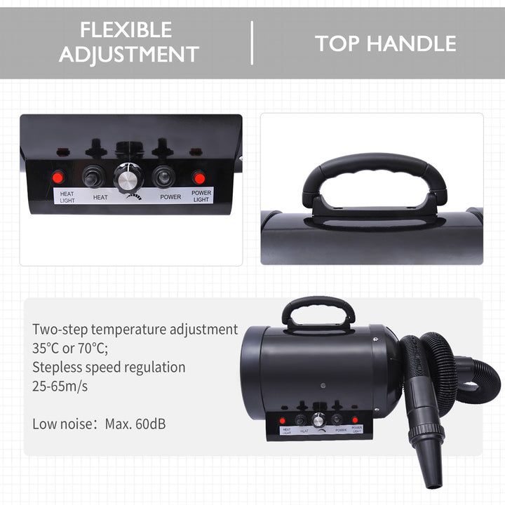 Dog Hair Dryer Pet Grooming Blaster Dryer Blower Adjustable Temperature Speed with 2.1M Flexible Hose 3 Nozzles - Black