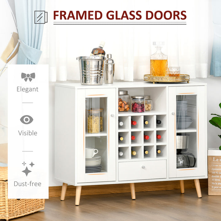 Modern Sideboard Storage Cabinet Kitchen Cupboard Dining Bar Server with Glass Doors, Drawer & 12-Bottle Wine Rack for Living Room, White