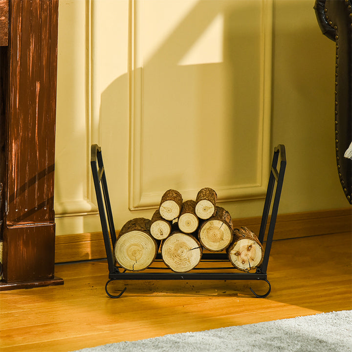 Metal Firewood Log Holder Indoor Outdoor Folding Firewood Rack Fireplace Wood Storage Shelf w/ Scrolls, Rust-Resistant, Black, 48L x 34W x 37Hcm