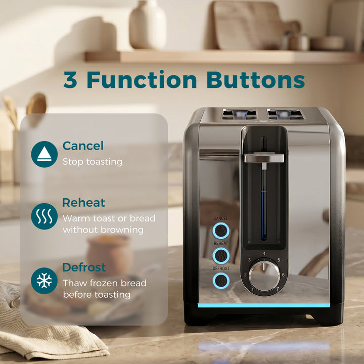 2 Slice Toaster with 7 Browning Levels, Reheat, Defrost and Cancel Fun