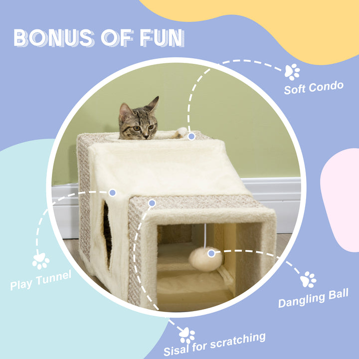 Cat Tunnel, Plush Large Play Tunnel with Two Caves and Hanging Ball, C