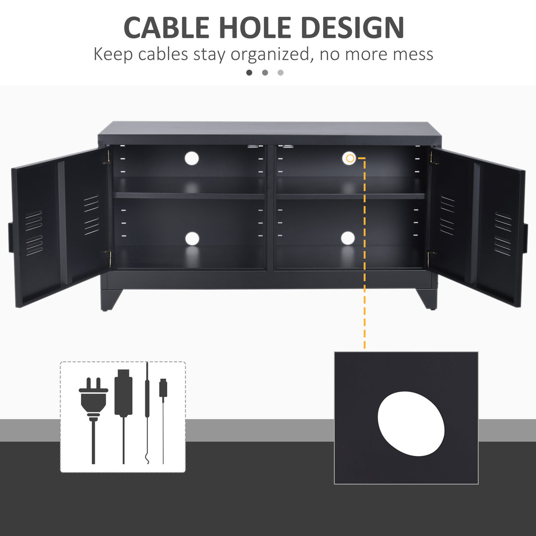 Steel TV Stand Cabinet, Industrial TV Unit for TVs up to 50", TV Table with 2 Doors, Adjustable Shelf and 4 Cable Holes for Living Room, Black
