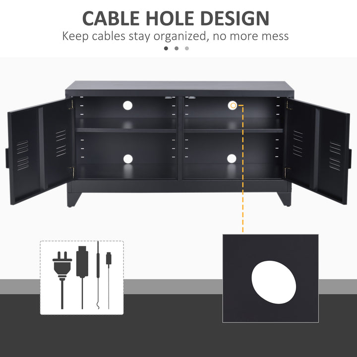 Steel TV Stand Cabinet, Industrial TV Unit for TVs up to 50", TV Table with 2 Doors, Adjustable Shelf and 4 Cable Holes for Living Room, Black