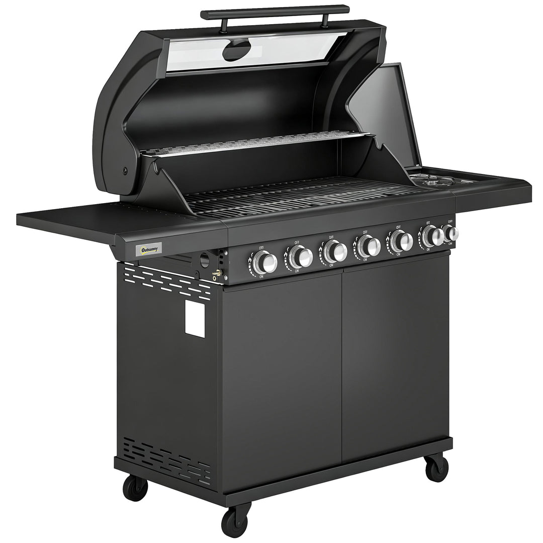 6+1 Burner Gas BBQ Grill, Outdoor Barbecue Trolley with Wheels, Warmin