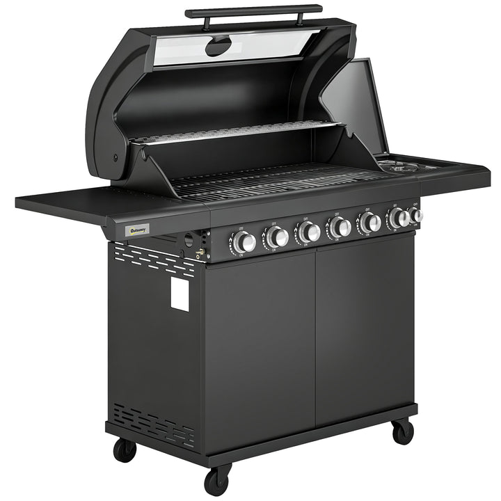 6+1 Burner Gas BBQ Grill, Outdoor Barbecue Trolley with Wheels, Warmin