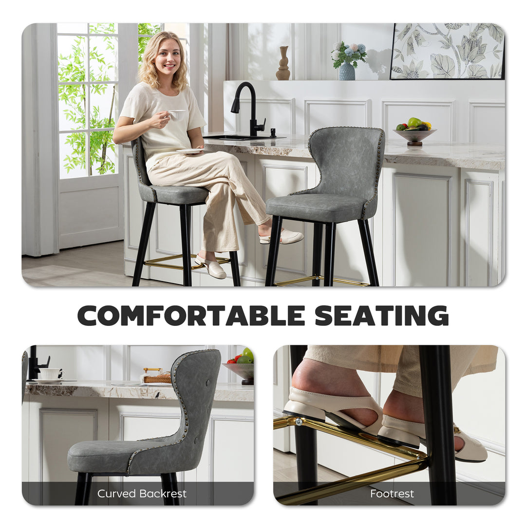 MCL Bar Stools Set of 2, PU Leather Barstools with Back, Footrest and Wood Legs for Kitchen, Counter, Breakfast Bar, Grey