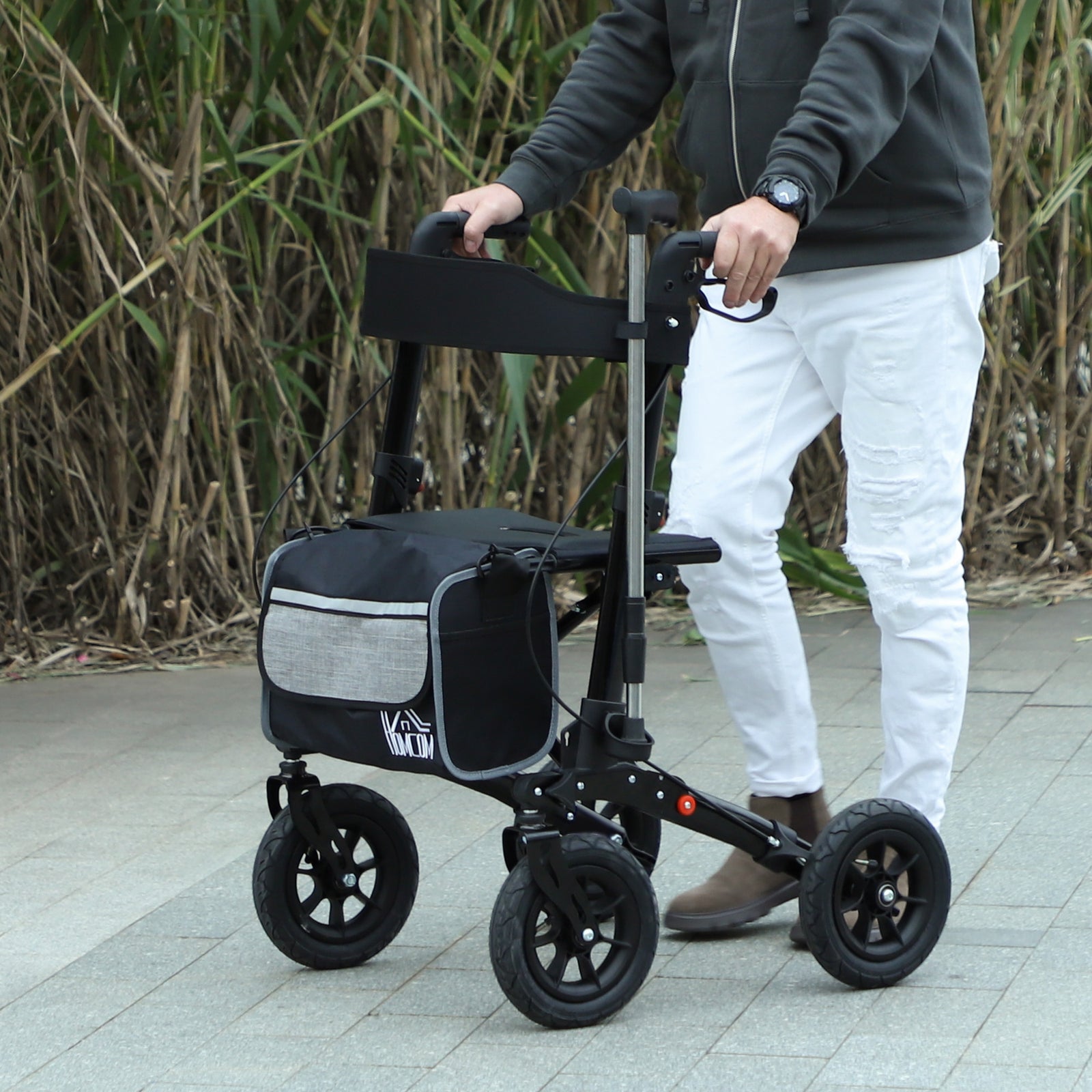 Folding Rollator Walker with Padded Seat, Backrest, Lightweight Walking Frame with Storage Bag, Dual Brakes, All-terrain Wheels, Adjustable Handle Height, 4 Wheeled Walker for Seniors, Black