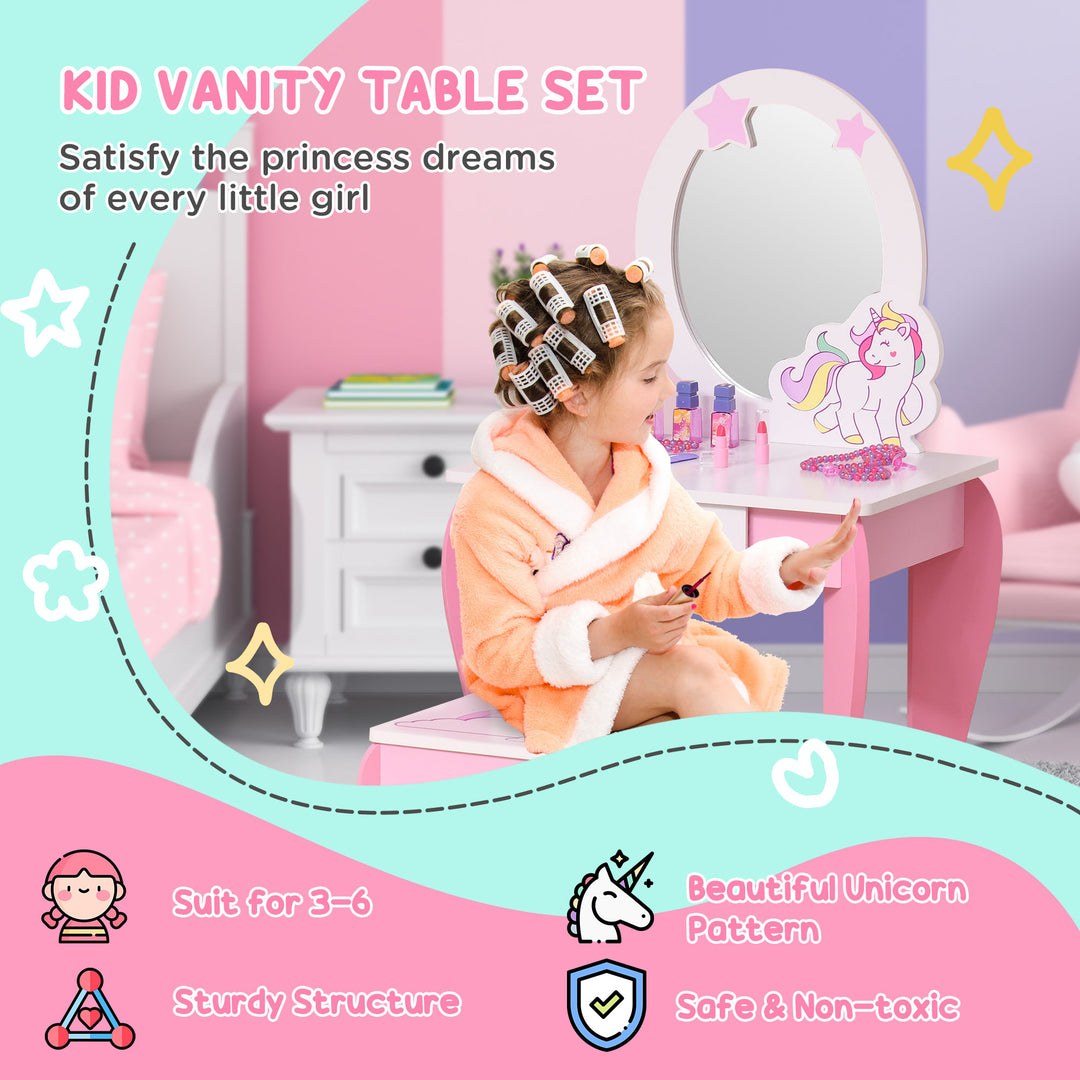 HOMCOM Kids Dressing Table, Girls Dressing Table w/ Mirror & Stool, Unicorn  Play Toy for Age 3-6 Years, Acrylic Mirror, Pink & White | Aosom UK