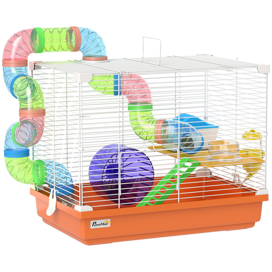 2 Tier Hamster Cage, Gerbil Cage with Handle, Exercise Wheels, Tunnel,