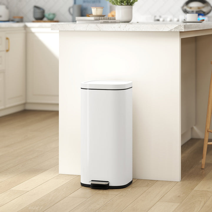 MCL 30L Kitchen Bin, Compact Pedal Bin with Soft-Close and Stay-Open Lid, Removable Bucket for Kitchen, Home, Office, Cream