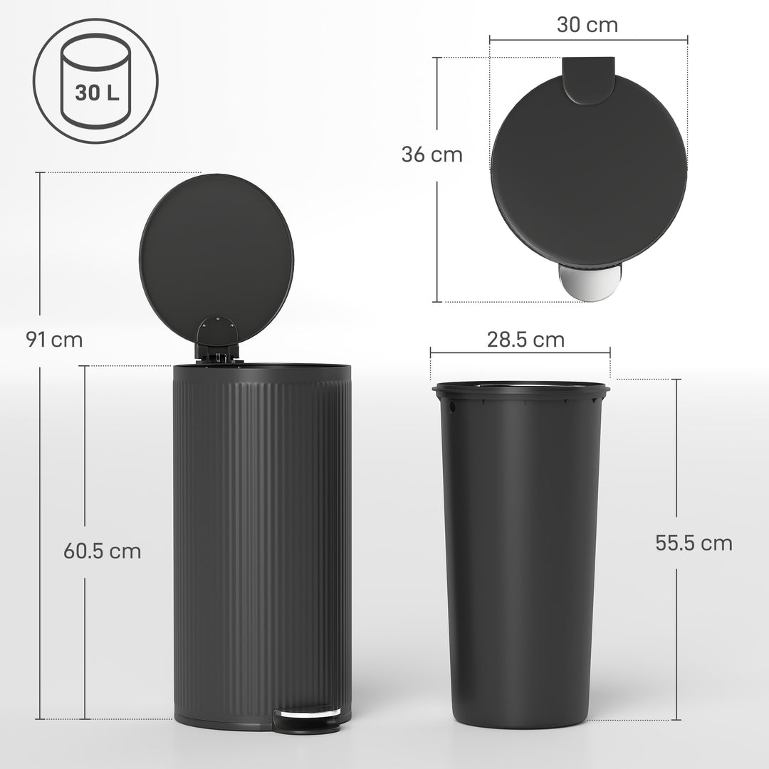MCL 30 Litre Pedal Kitchen Bin with Soft Close and Stay Open Lid, Rubbish Bin with Removable Inner Bucket for Kitchen, Office, Home, Black