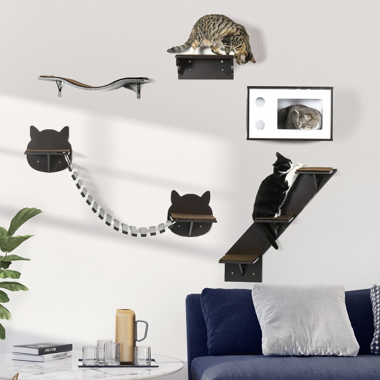 5 Piece Cat Wall Shelves, Wall-Mounted Cat Tree for Indoor Use - Brown