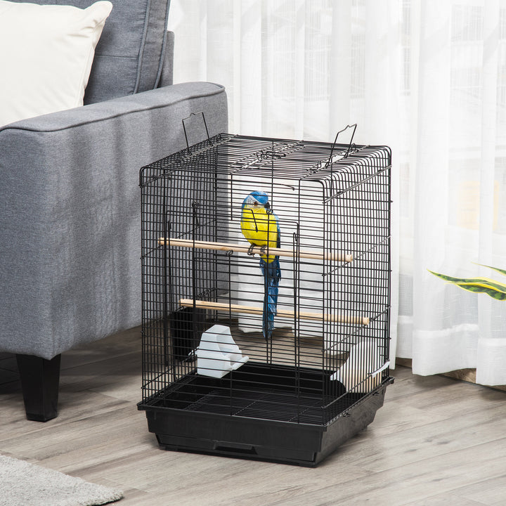 PawHut Durable Bird Cage with Opening Top, Wheeled Stand, Removable Tray, Feeding Bowls, for Small Birds, Black