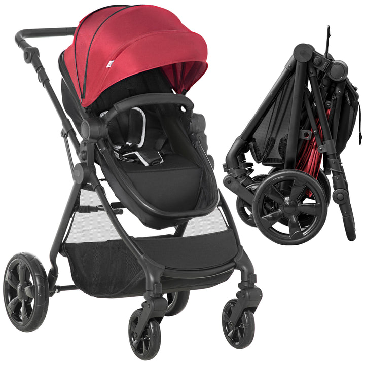 Foldable Baby Stoller, with Reclining Backrest, Adjustable Canopy, for Ages 0-36 Months - Red