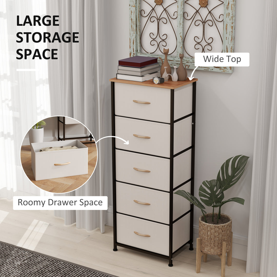 Fabric Chest of Drawers, Industrial Bedroom Dresser with 5 Fabric Drawers, Steel Frame and Wooden Top for Nursery, Living Room, Hallway, Cream White