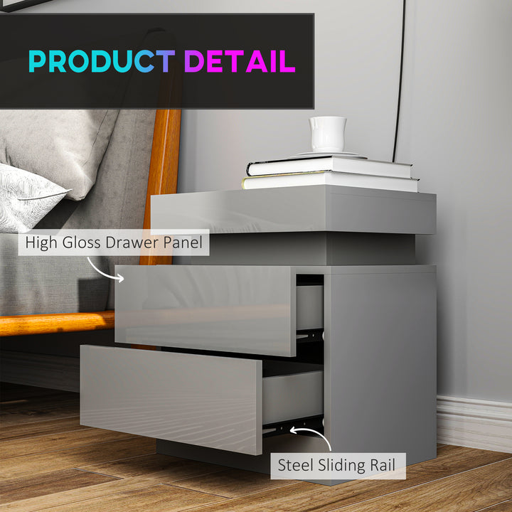Grey Bedside Table with LED Light, High Gloss Front Nightstand with 2 