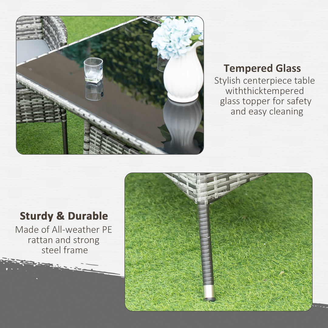 MCL 7-Piece Rattan Garden Furniture Set with Cushions, 6 Seater Garden Table and Chairs, Rattan Dining Set with 6 Armchairs, Rectangular Glass Top Table, Grey