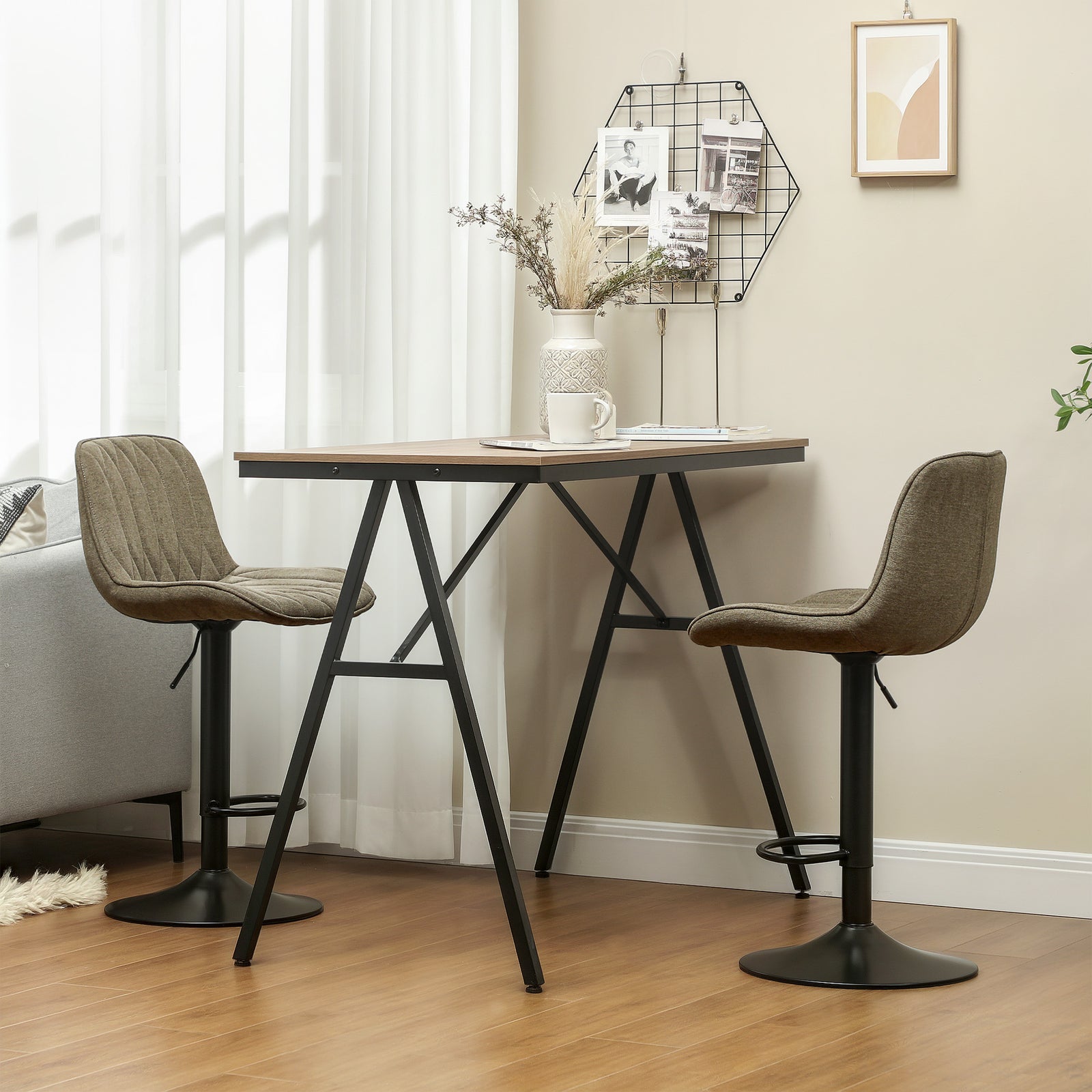 Set of Two Linen-Look Bar Stools - Brown