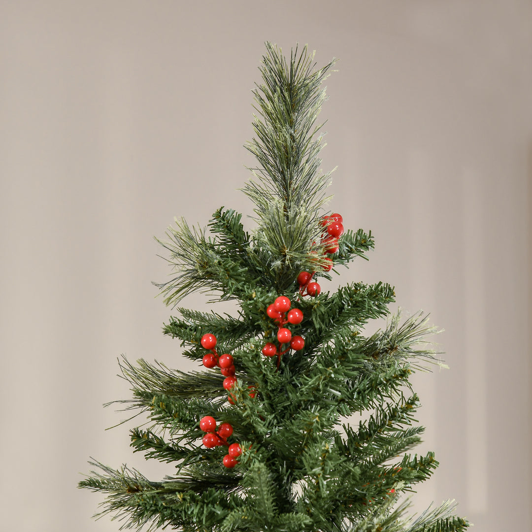 MCL 7ft Pencil Artificial Christmas Tree with Realistic Branches, Red Berries, Auto Open, Green