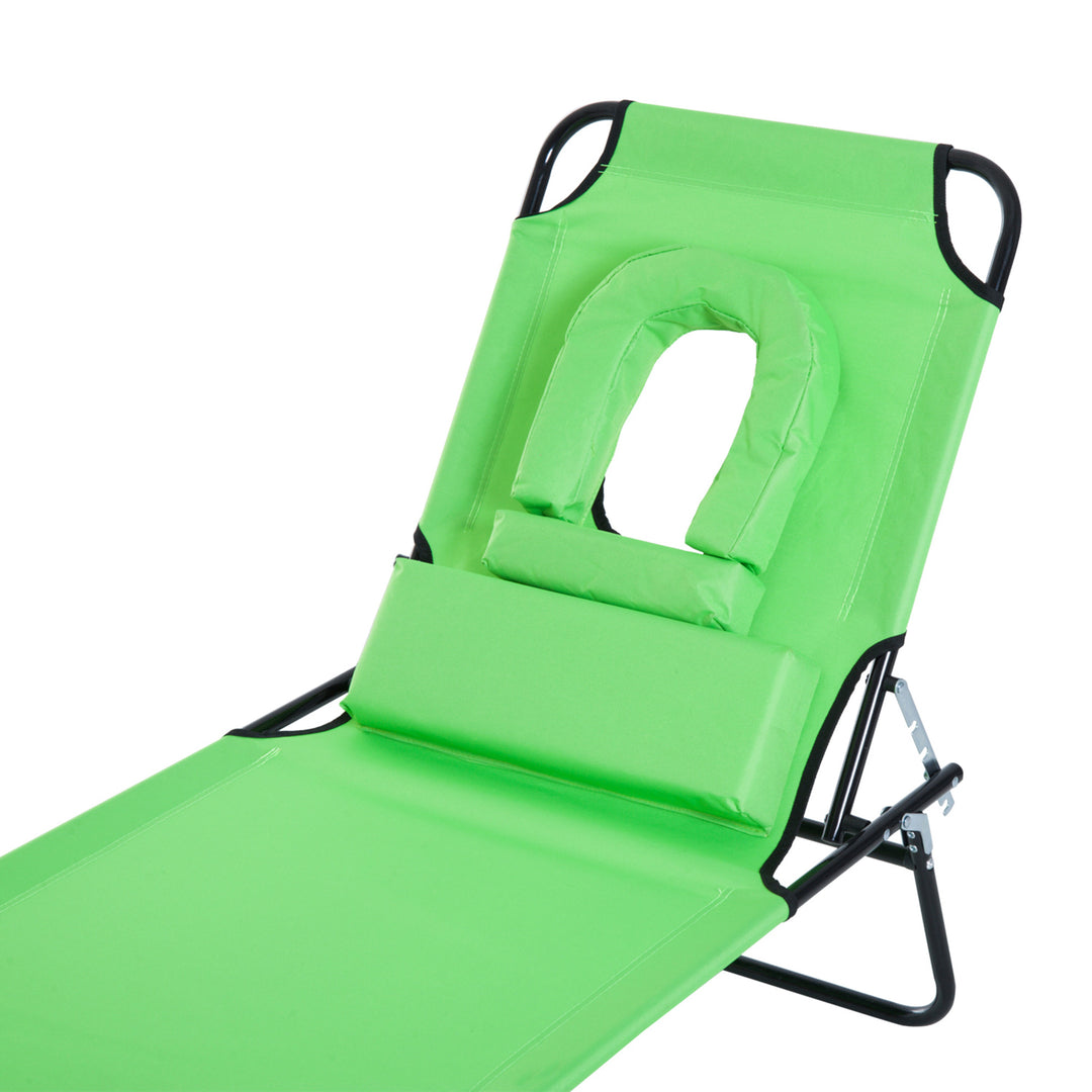 Outdoor Folding Sun Lounger with Face Hole, 4 Level Adjustable Backrest Reclining Garden Lounger, Garden Recliner Sunbed with 600 D Oxford Cloth Seat and Pillow for Beach, Green