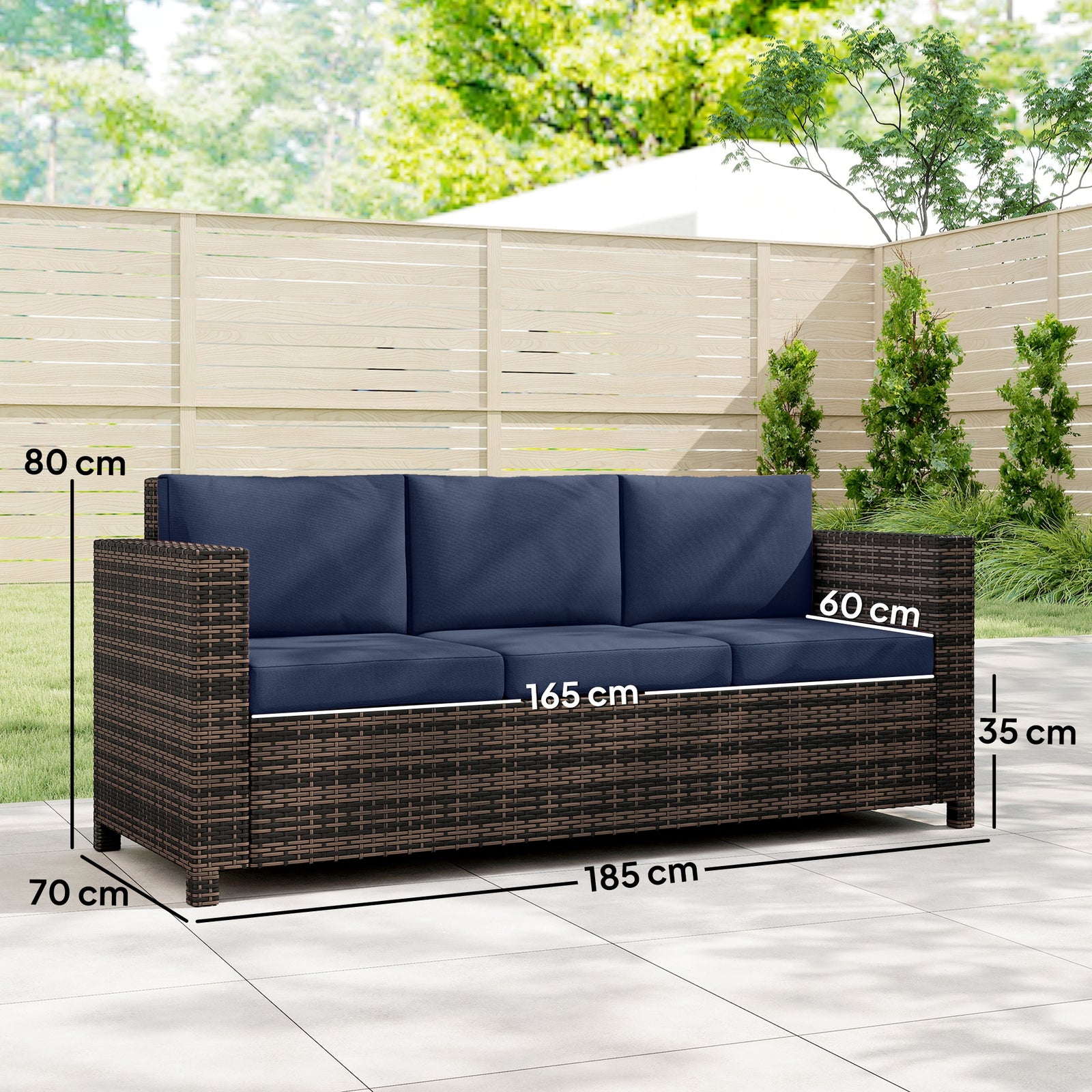 3-Seater Weather Resistant Outdoor Garden Rattan Sofa Dark Blue