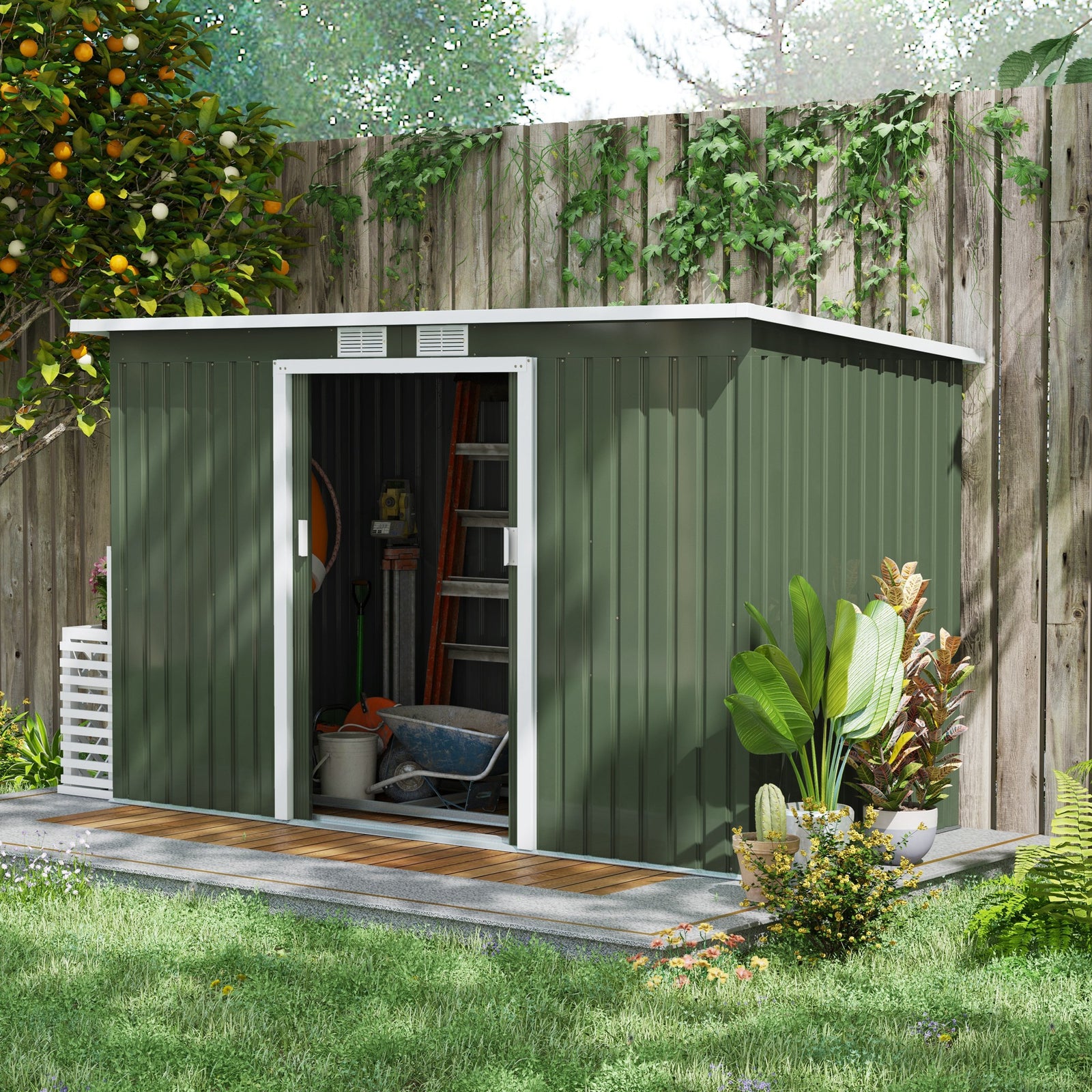 9ft x 4ft Metal Garden Shed, Outdoor Tool House with Foundation Kit, Ventilations and Double Doors, Light Green