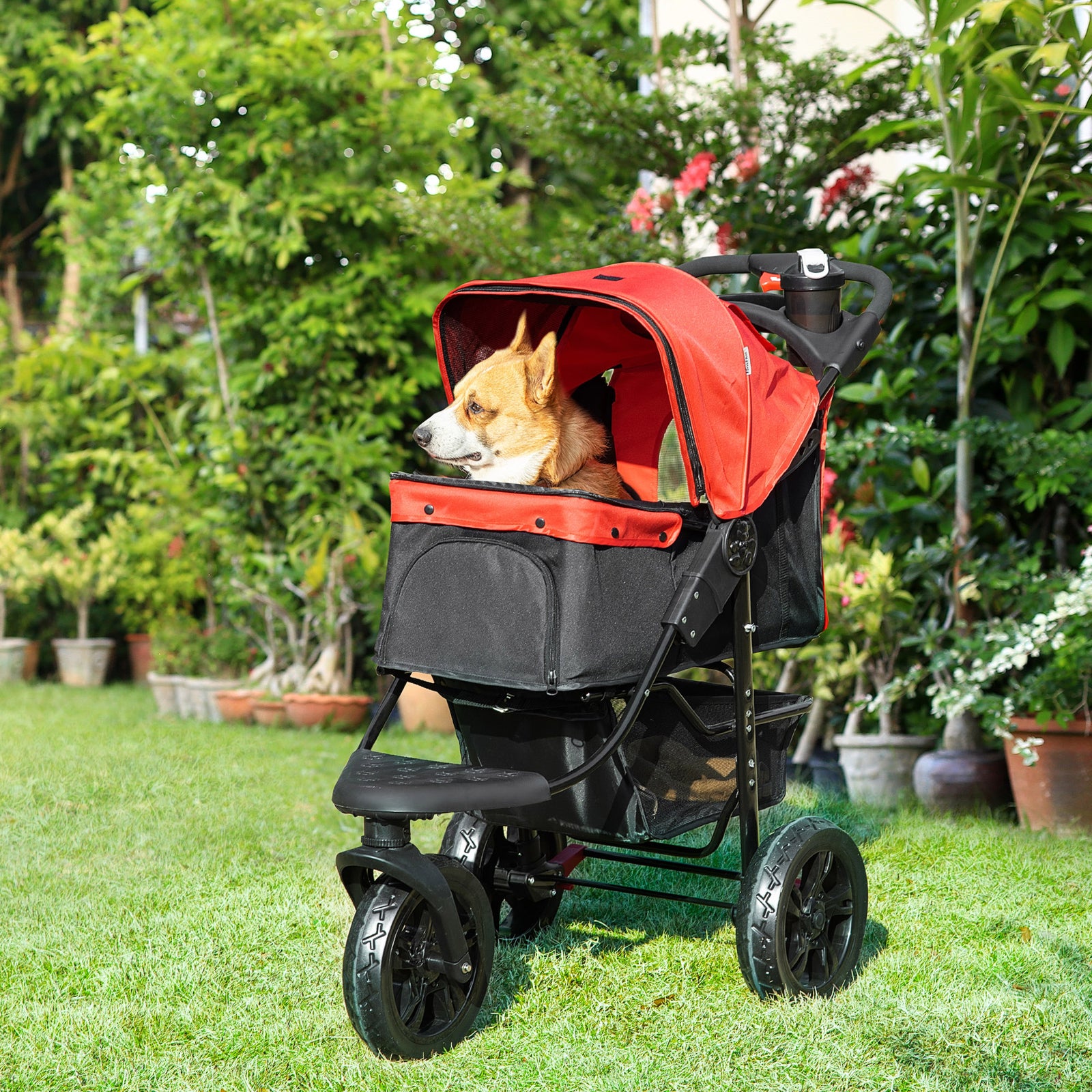 Dog Stroller Foldable Pet Pram, 3 Wheels Dog Pushchair with Brake, for Small Miniature Breeds, Cats, Red
