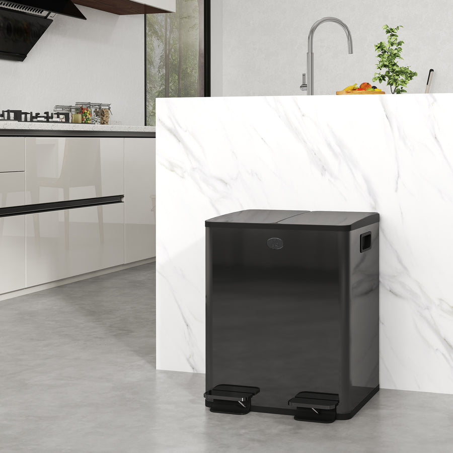 40L Dual Compartment Stainless Steel Bin, with Deodoriser Holders - Black