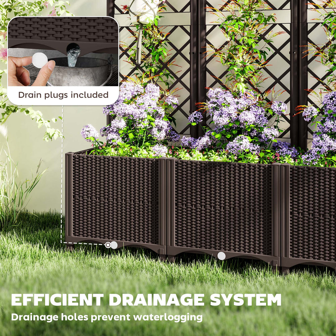 Raised Garden Bed with Trellis, Plastic Planter Box with Drainage Holes, Drain Plugs and Water Reservoirs for Climbing Plants, Vegetables, Flowers, Brown