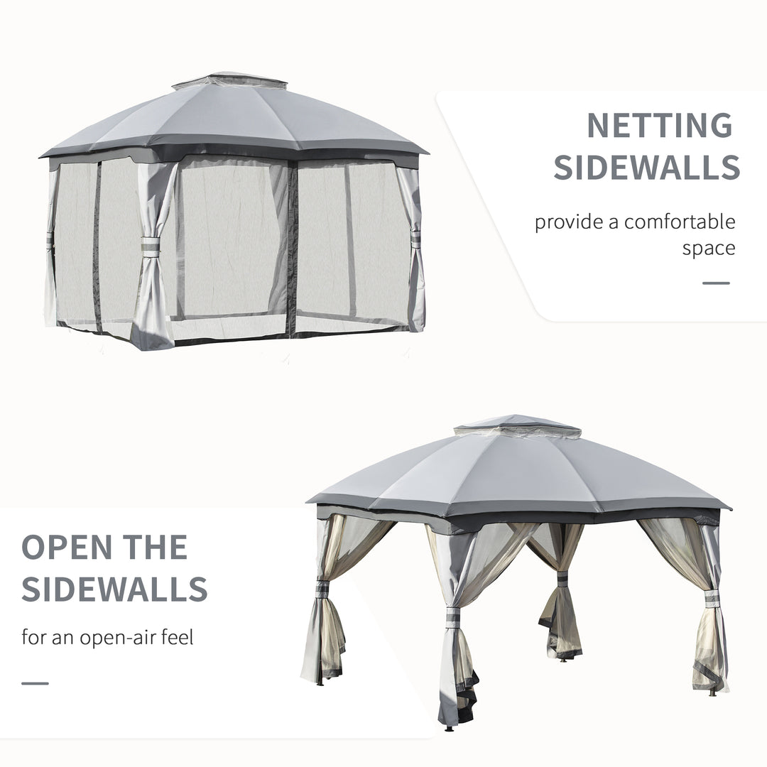 MCL 3.7 x 3(m) Metal Gazebo Canopy Party Tent Garden Patio Shelter with Netting Sidewalls & Double Tiered Roof, Grey