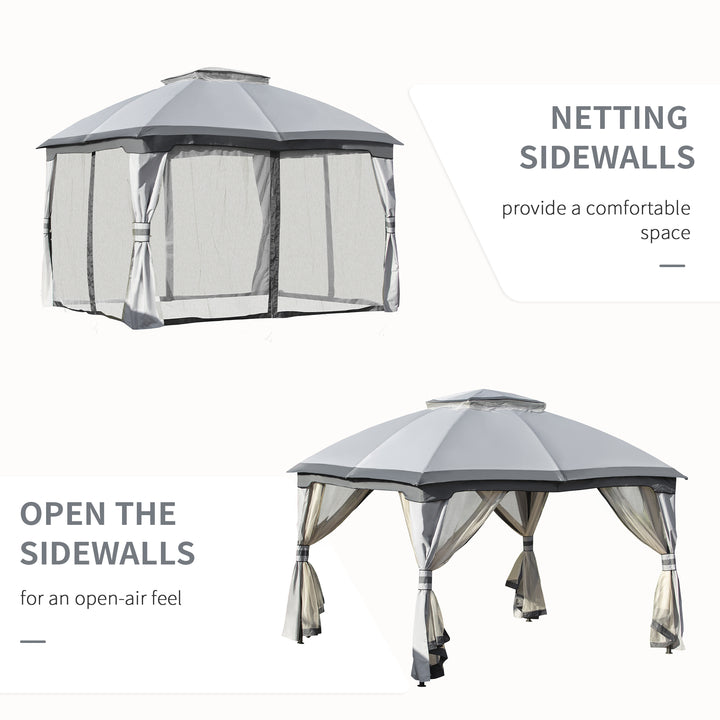 MCL 3.7 x 3(m) Metal Gazebo Canopy Party Tent Garden Patio Shelter with Netting Sidewalls & Double Tiered Roof, Grey