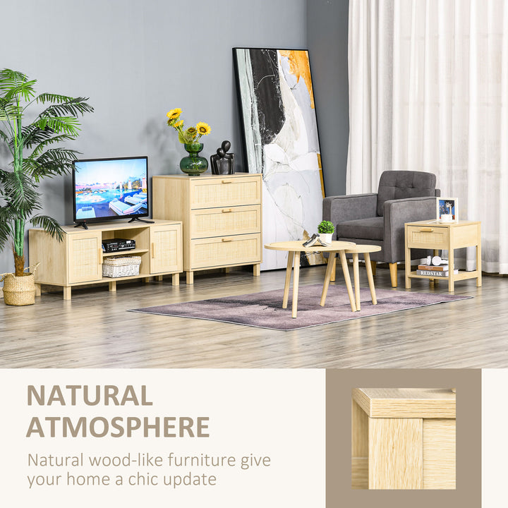 Bedside Table Set of 2 with Rattan Drawer, Rustic Side Tables with Storage Shelf for Bedroom, Living Room, Natural