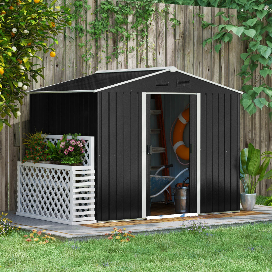 Outsunny 8 x 6ft Garden Storage Shed Double Door Ventilation Windows Sloped Roof Outdoor Equipment Tool, Grey