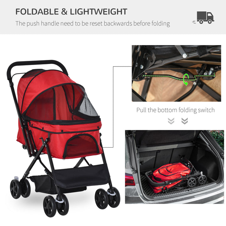 PawHut Pet Stroller Dog Travel Pushchair Foldable Jogger with Reversible Handle EVA Wheel Brake Basket Adjustable Canopy Safety Leash Red | Aosom UK