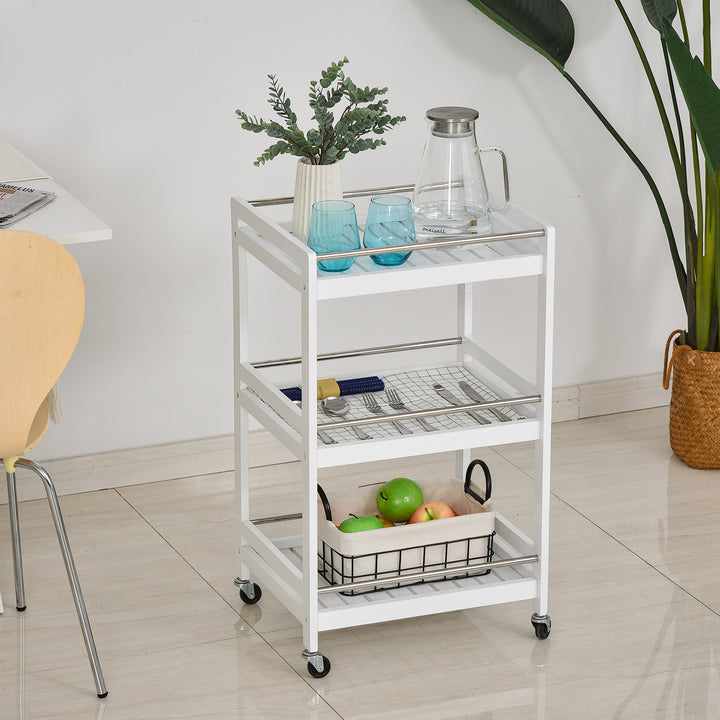 MCL 3-Tier Home Trolley Kitchen Storage Cart w/ Steel Bars 4 Universal Wheels Rolling Unit Organiser Living Room White