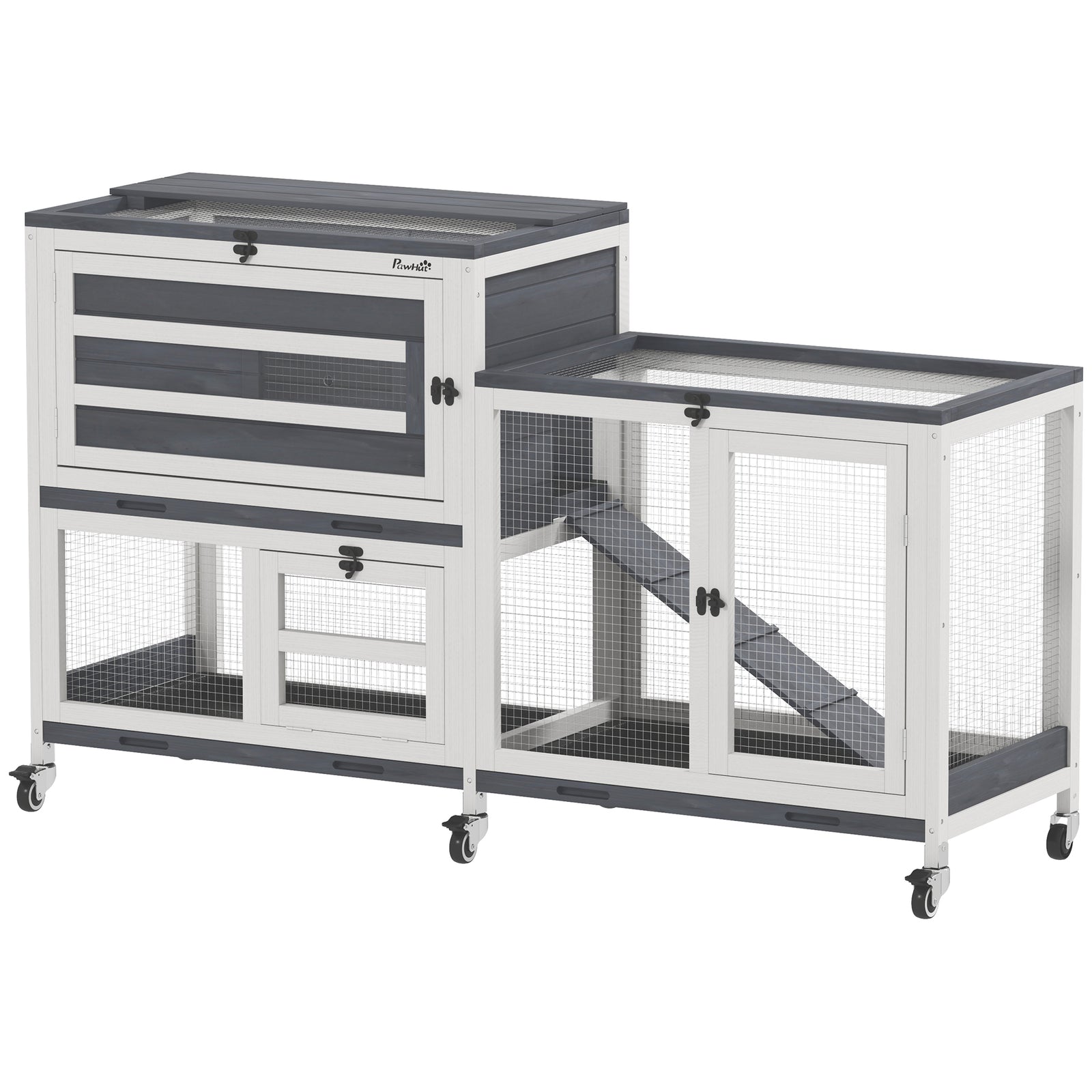 Wooden Rabbit Hutch with Run, 2-Tier Guinea Pig Hutch with Run, Wheels, 3 Plastic Trays, 2 Openable Top, for 2-3 Rabbits