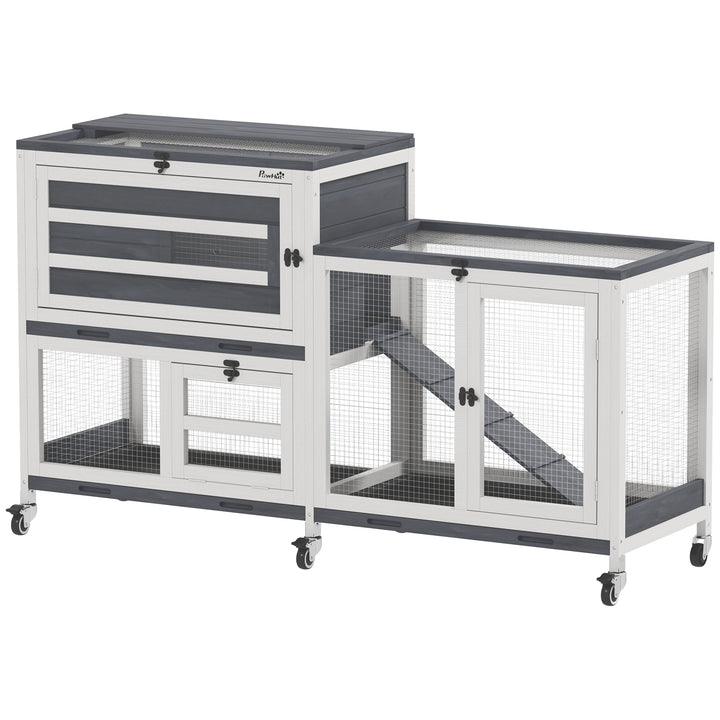 Wooden Rabbit Hutch with Run, 2-Tier Guinea Pig Hutch with Run, Wheels, 3 Plastic Trays, 2 Openable Top, for 2-3 Rabbits
